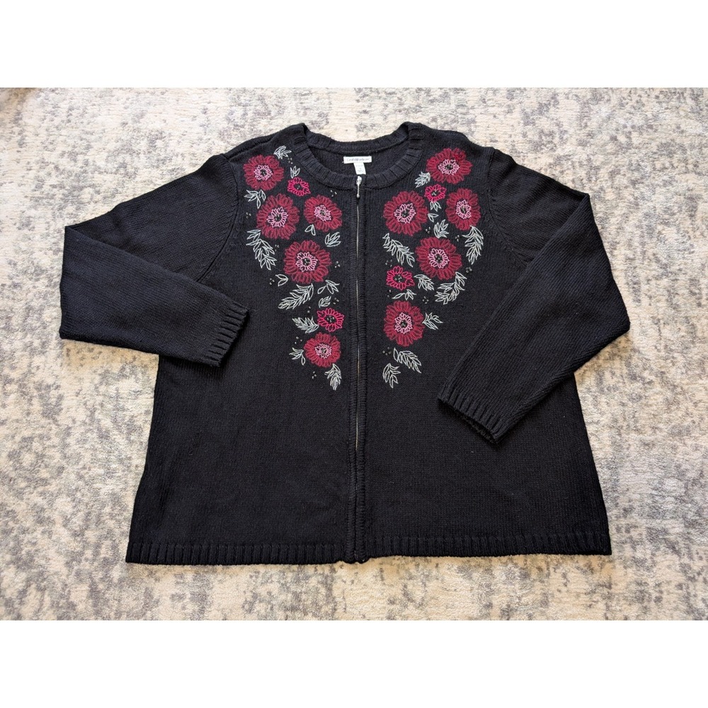 Croft & Barrow Black Ramie Embroidered Floral Zip Silk Knit Sweater Plusâ 1X